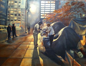 Zuccotti Park Nov 9th 24 x 24 oil on canvas by Patricia Larkin Green