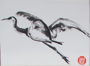 Flying Crane sumi-e Painting by Patricia Larkin Green