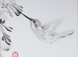 Hummingbird sumi-e painting by Patricia Larkin Green