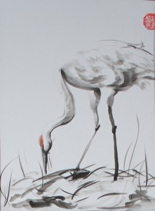 Nesting Crane sumi-e painting by Patricia Larkin Green