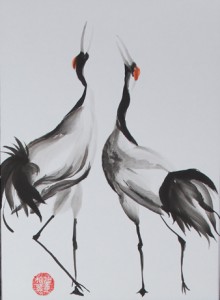 Japanese Cranes Mating Dance sumi-e Painting by Patricia Larkin Green